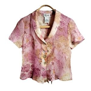 K Studio Top Size 10 Blouse in Pink Floral Mauve Short Sleeve Button Semi-Sheer